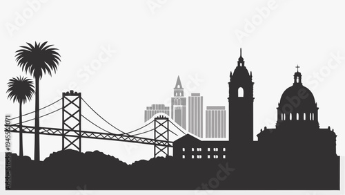 A grayscale silhouette depicts a cityscape featuring prominent towers historical buildings and lush palm trees against a pale sky high-quality professional detailed modern elegant stylish