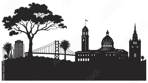A grayscale silhouette depicts a cityscape featuring prominent towers historical buildings and lush palm trees against a pale sky high-quality professional detailed modern elegant stylish