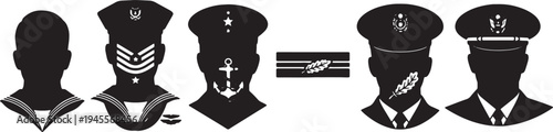 Black Solid Navy Officer Rank Silhouettes Set of Six on White Background