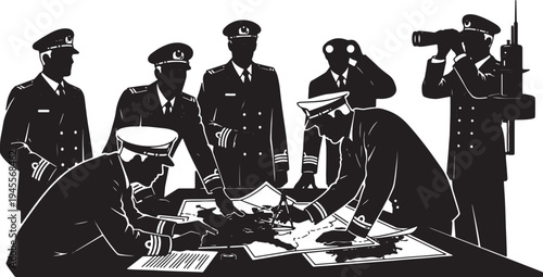 Black Solid Navy Officer Strategic Reconnaissance Silhouettes Set of Six on White Background