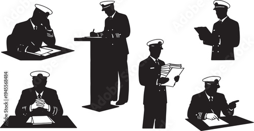 Black Solid Navy Officer Reporting Silhouettes Set of Six on White Background