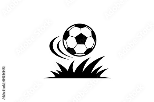 Black and white soccer ball flying over grass pitch motion