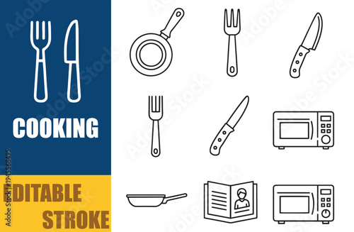 Cooking Icons Set with Kitchen Utensils and Appliances