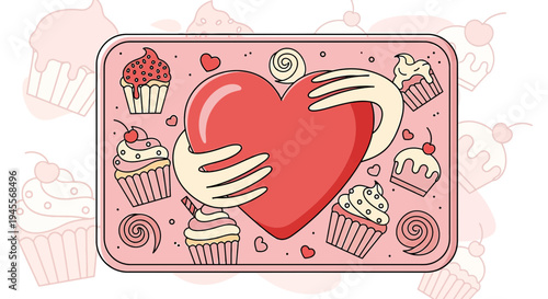 Sweet Love: Heart Embraced by Cupcakes and Swirls