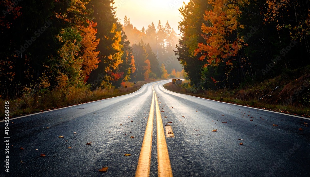 Fototapeta premium Road through the forest with autumn colors and sunlight.