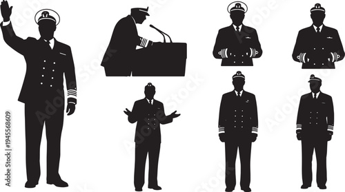 Black Solid Navy Officer Public Speaking Silhouettes Set of Six on White Background