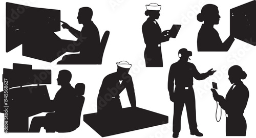 Black Solid Navy Officer Technology Silhouettes Set of Six on White Background