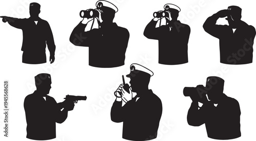 Black Solid Navy Officer Addressing Threats Silhouettes Set of Six on White Background