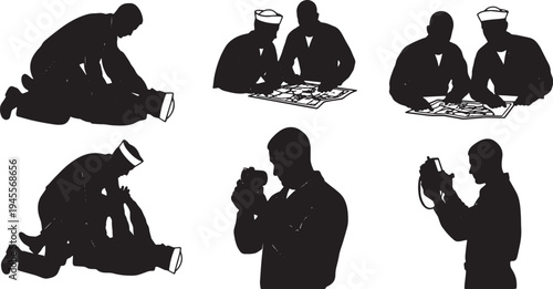 Black Solid Navy Officer Training Silhouettes Set of Six on White Background