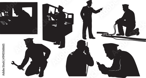 Black Solid Navy Officer Technical Troubleshooting Silhouettes Set of Six on White Background