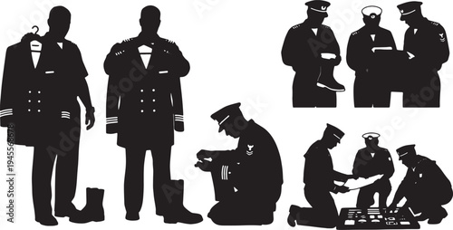 Black Solid Navy Officer Uniform Gear Inspection Silhouettes Set of Six on White Background