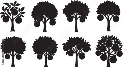 Black Solid Orchard Fruit Tree Silhouettes Set of Six on White Background