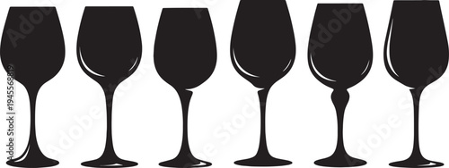 Black Solid Organic Stem Wine Glasses Silhouettes Set of Six on White Background