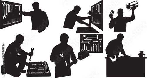 Black Solid Mechanic Socket Set Silhouettes Set of Six on White Background