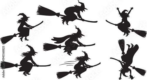 Black Solid Oversized Broom Witch Silhouettes Set of Six on White Background
