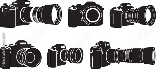 Black Solid Panoramic Camera Silhouettes Set of Six on White Background