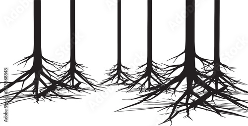 Black Solid Ominous Hanging Tree Silhouettes Set of Six on White Background
