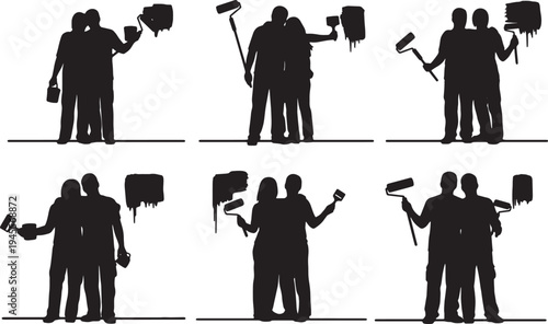 Black Solid Painting Renovation Couple Hugs Set of Six on White Background