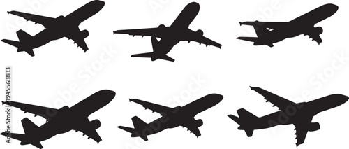 Black Solid Passenger Airplane Silhouettes Set of Six on White Background