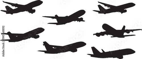 Black Solid Passenger Jets in Mid-Flight Silhouettes Set of Six on White Background
