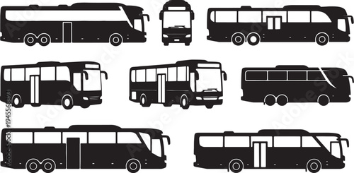 Black Solid Diverse Passenger Bus Silhouettes Set of Six on White Background