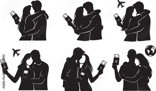 Black Solid Passport Ticket Travel Hugs Set of Six on White Background