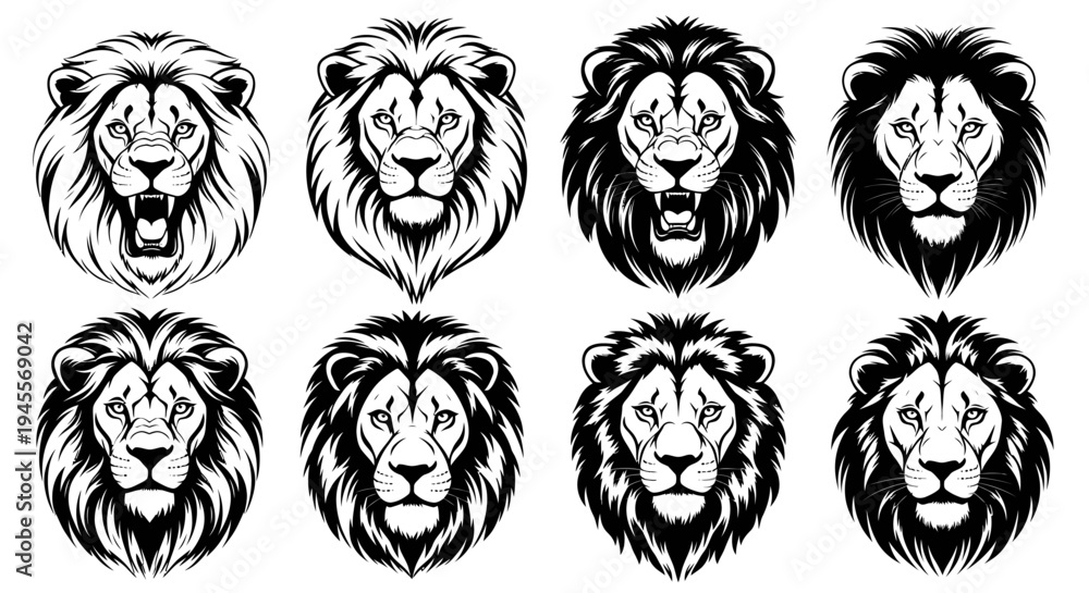 Obraz premium Dynamic Collection of Stylized Lion Head Vector Illustrations for Graphic Design Projects, featuring Majestic and Powerful Big Cat Expressions in Monochrome Art