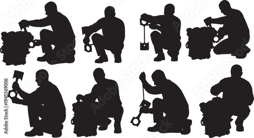 Black Solid Mechanic Holding Piston Silhouettes Set of Six on White Background