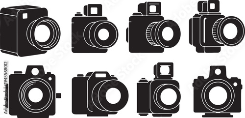 Black Solid Pinhole Camera Silhouettes Set of Six on White Background