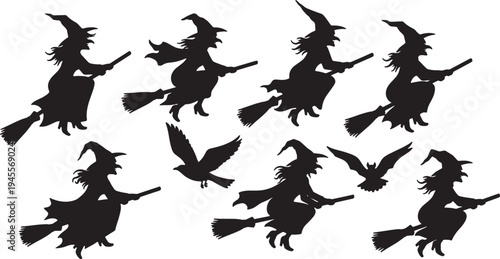 Black Solid Playful Chase Witch Silhouettes Set of Six on White Background