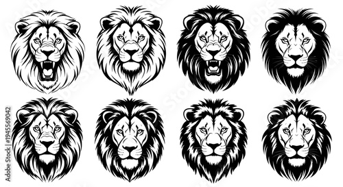 Dynamic Collection of Stylized Lion Head Vector Illustrations for Graphic Design Projects, featuring Majestic and Powerful Big Cat Expressions in Monochrome Art