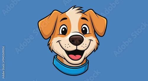 Vibrant and Playful Cartoon Vector Design of a Happy Dog's Face, Featuring an Adorable Canine with a Bright Smile and Blue Collar, Ideal for Pet-Related Graphics