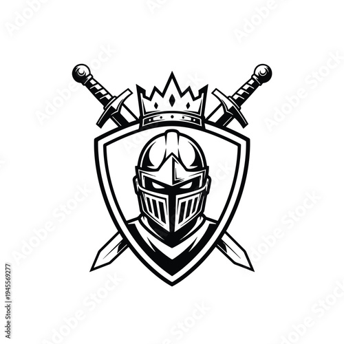 Powerful Emblem of a Royal Knight's Helmet with Crown and Crossed Swords Vector Illustration