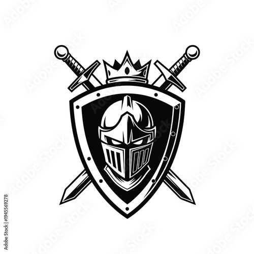 Monochromatic vector illustration of a medieval knight's helmet with shield, crossed swords, and crown emblem.