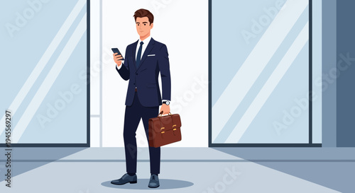 Businessman with Briefcase and Phone in Modern Office Entrance