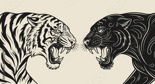 Stunning vector illustration of a snarling white tiger and a fierce black panther in a dramatic face-off, embodying raw power and contrasting majestic wildlife