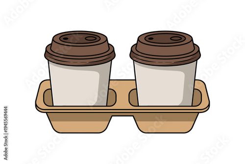 Cartoon illustration of coffee cups in cardboard holder on white
