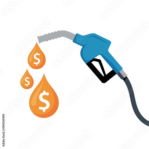 Fuel pump nozzle with dollar sign oil drops  gasoline price concept