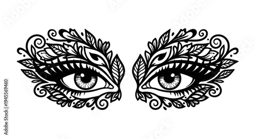 Elegant vector illustration showcasing stylized eyes adorned with intricate floral and leafy patterns, a beautiful botanical design representing artistic grace and mystical charm