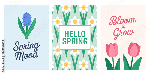 Spring flowers and motivational quotes on colorful backgrounds  seasonal greeting cards