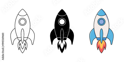 Three different colored rocket ship icons in various styles and colors side by side