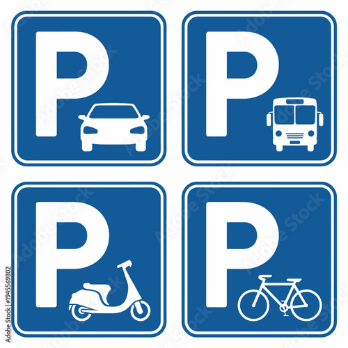 Blue parking signs with different vehicle icons on white background