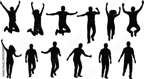 Black silhouette of happy people jumping and cheering in various successful poses isolated on white background for party celebration graphic design