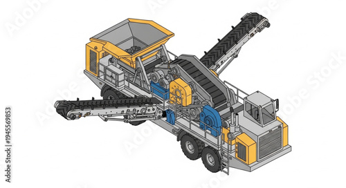 Industrial mobile crushing machine with conveyor belts for processing materials.