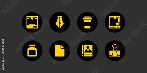 Yellow icons of office supplies and stationery on dark background