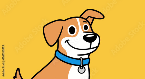 A charming and expressive cartoon dog illustration, featuring a happy pet character designed in a clean, modern vector art style against a vibrant yellow background