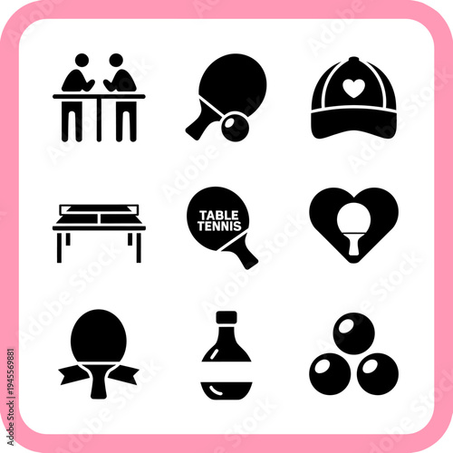 Table tennis icons set with players and equipment on white background