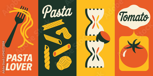 Colorful flat design pasta lover banner with fork and various types of pasta shapes