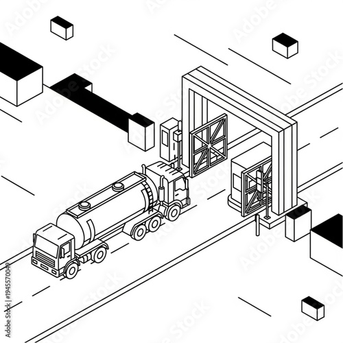 Isometric illustration of a tanker truck passing through a checkpoint or toll booth on a highway.
