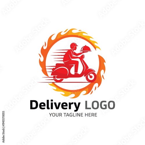 Dynamic Food Delivery Service Logo: Courier on Scooter with Hot Meal, Fast Express Icon